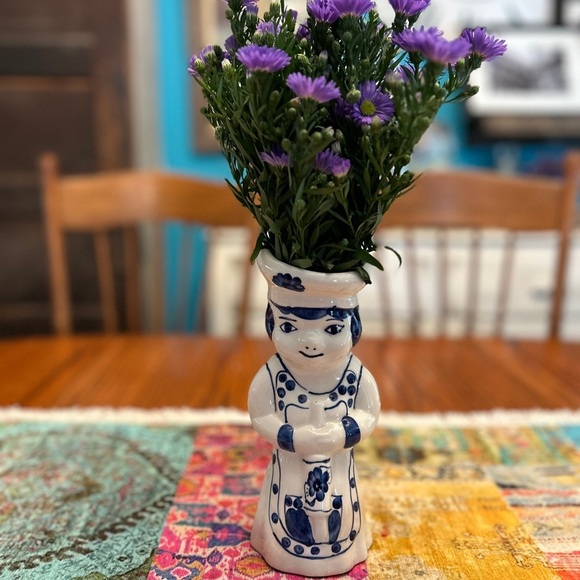 Vintage German Ceramic Vase Blue White Hand painted Mamsell With Rolling Pin - Picture 8 of 8